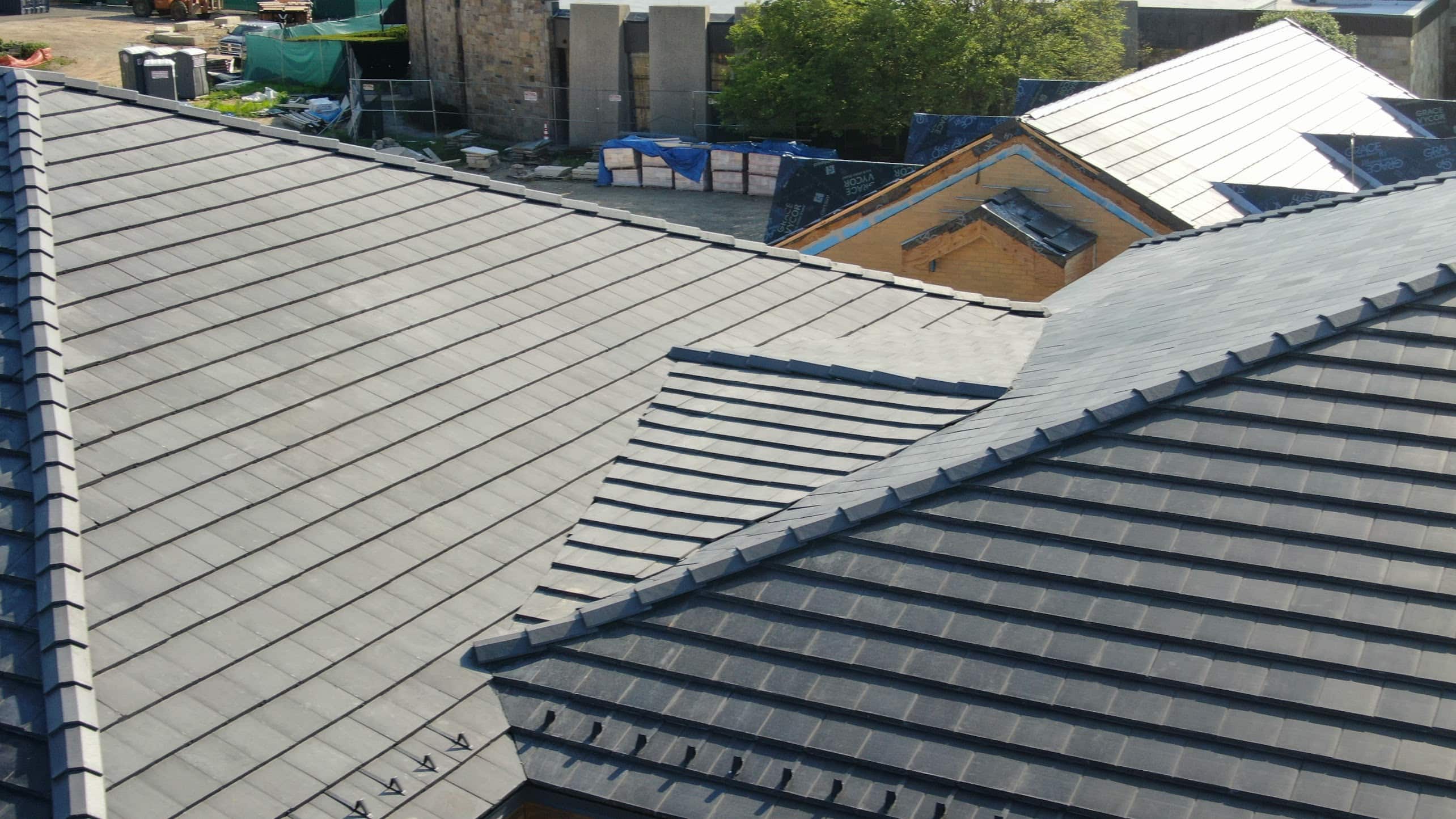 Detail of solar roof tile ridge and hip coursing on a residential installation
