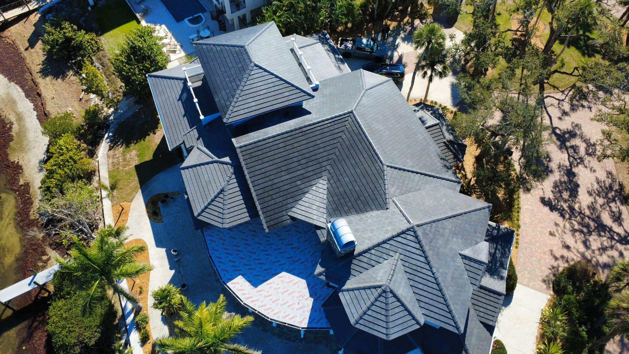Voltaic concrete solar tiles completed installation Bergen County NJ aerial view