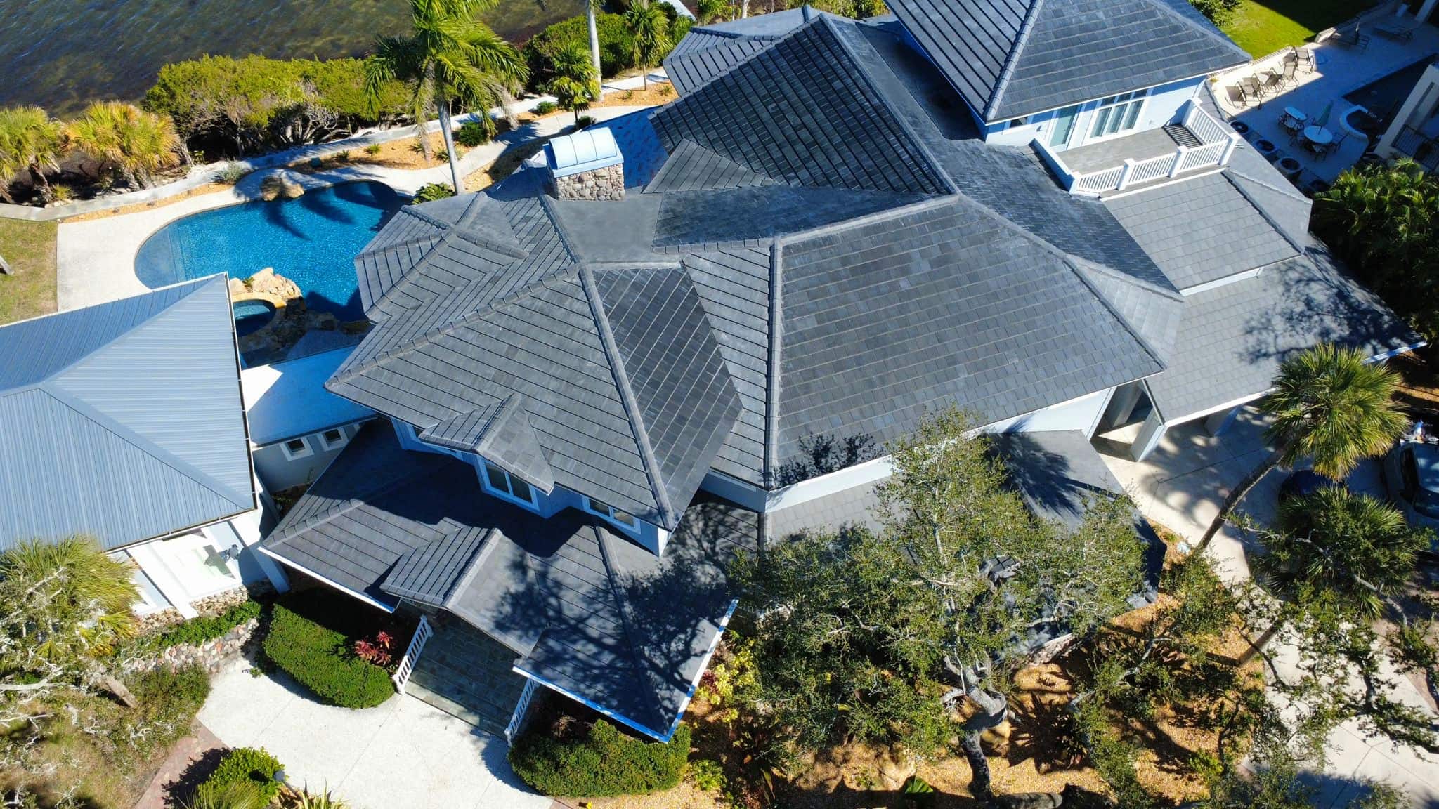 Voltaic integrated solar roof tiles completed installation aerial view New York